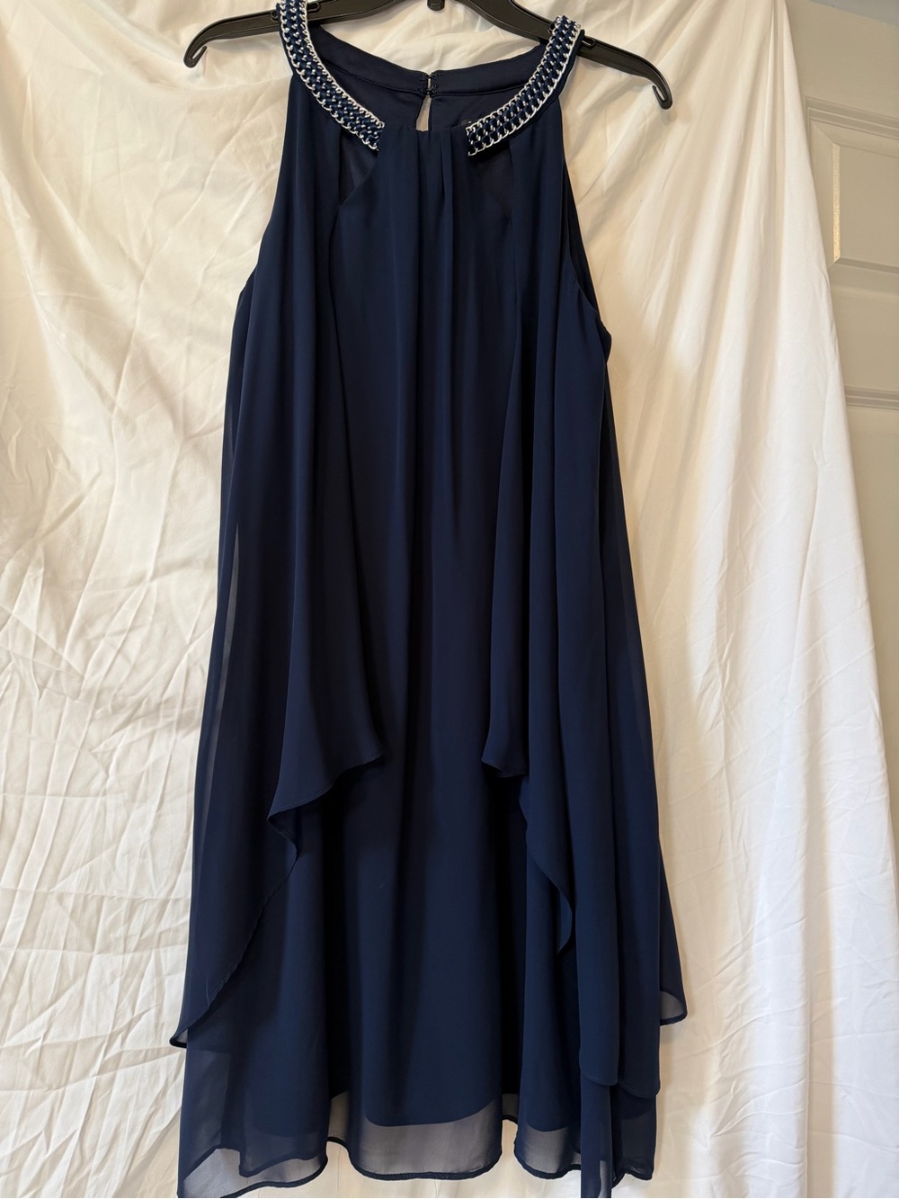 SLNY Navy Beaded High-Low Halter Dress